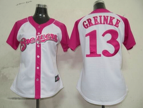 2012 Women Pink Splash Fashion Jersey by Majestic Milwaukee Brewers #13 Zack Greinke white jerseys