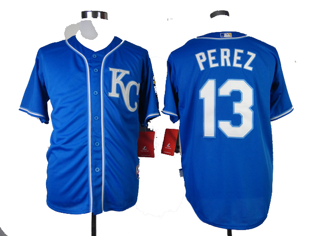 2014 Kansas City Royals 13# Salvador Perez blue cool base Jersey