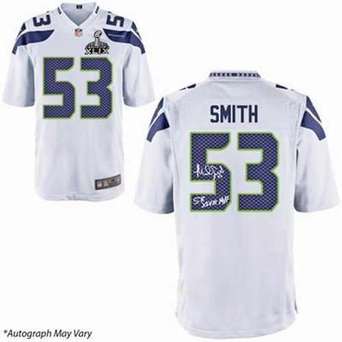 2015 Super Bowl XLIX Jersey 2014 Nike Seattle Seahawks 53# Malcolm Smith white Elite signature jerseys