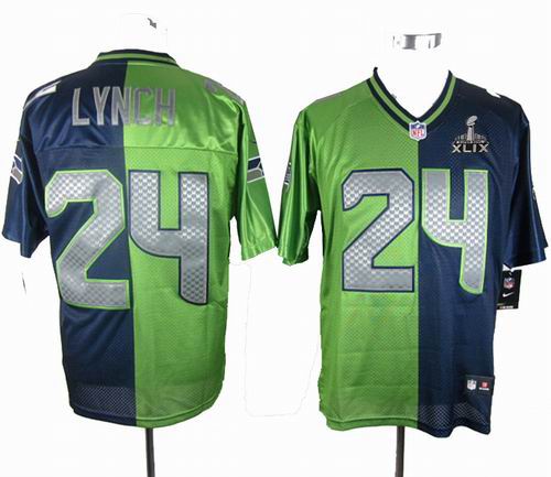 2015 Super Bowl XLIX Jersey Nike Seattle Seahawks 24# Marshawn Lynch blue green elite split jerseys