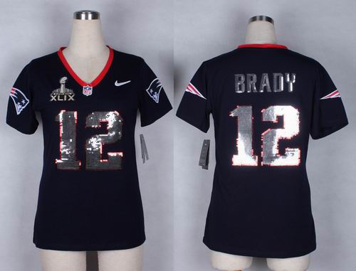 2015 Super Bowl XLIX Jersey Women Nike New England Patriots #12 Tom Brady Navy Blue Handwork Sequin Lettering Jersey