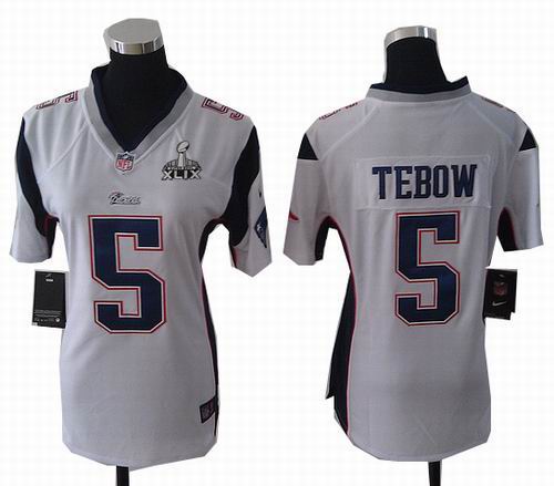 2015 Super Bowl XLIX Jersey Women Nike New England Patriots 5 tim tebow white elite Jersey