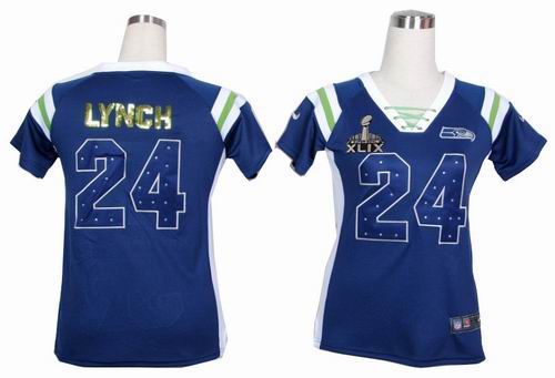 2015 Super Bowl XLIX Jersey Women Nike Seattle Seahawks 24 Marshawn Lynch Blue Handwork Sequin Name Fashion Jerseys