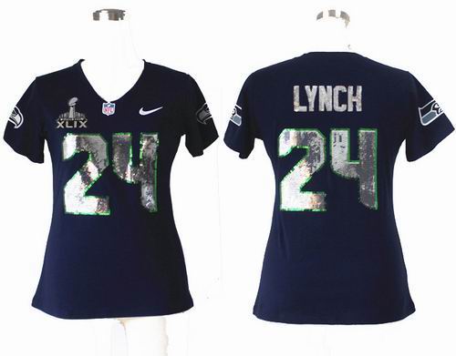2015 Super Bowl XLIX Jersey Women Nike Seattle Seahawks 24 Marshawn Lynch Blue Handwork Sequin lettering Fashion Jerseys