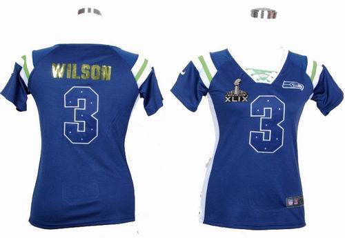 2015 Super Bowl XLIX Jersey Women Nike Seattle Seahawks 3 Russell Wilson Blue Handwork Sequin Name Fashion jerseys