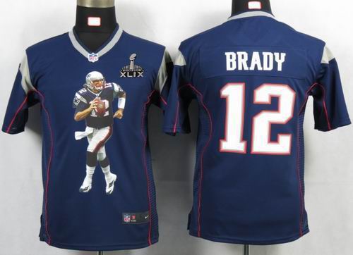 2015 Super Bowl XLIX Jersey Youth 2012 nike New England Patriots 12# Tom Brady blue Portrait Fashion Game Jersey