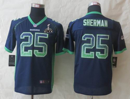 2015 Super Bowl XLIX Jersey Youth 2014 Nike Seattle Seahawks 25 Richard Sherman Drift Fashion Blue Elite Jerseys