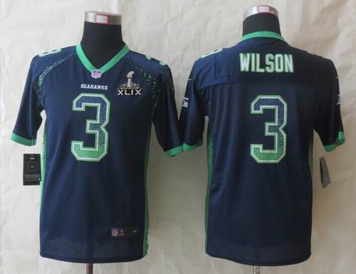 2015 Super Bowl XLIX Jersey Youth 2014 Nike Seattle Seahawks 3 Russell Wilson Drift Fashion Blue Elite Jerseys