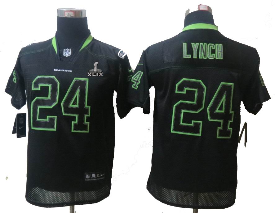 2015 Super Bowl XLIX Jersey Youth Nike Seattle Seahawks 24# Marshawn Lynch Lights Out Black Elite Jerseys