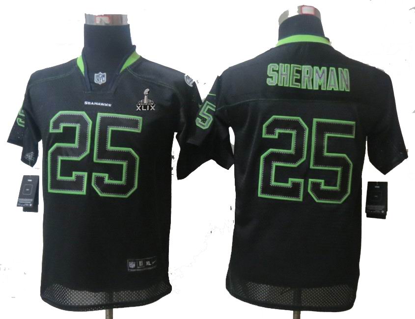 2015 Super Bowl XLIX Jersey Youth Nike Seattle Seahawks 25# Richard Sherman Lights Out Black Elite Jerseys