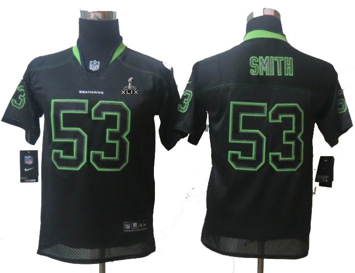 2015 Super Bowl XLIX Jersey Youth Nike Seattle Seahawks 53# Malcolm Smith Lights Out Black Elite Jerseys