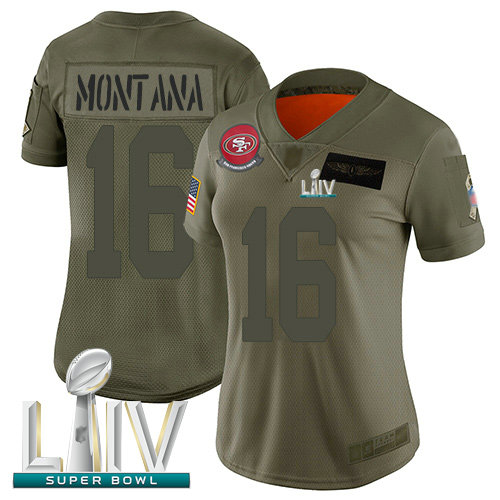49ers #16 Joe Montana Camo Super Bowl LIV Bound Women's Stitched Football Limited 2019 Salute to Service Jersey