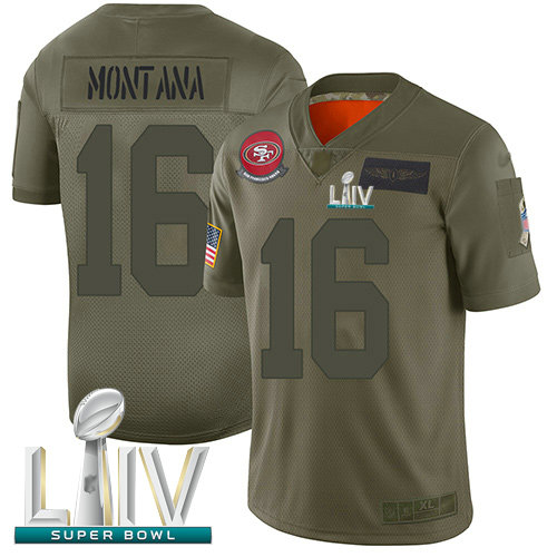 49ers #16 Joe Montana Camo Super Bowl LIV Bound Youth Stitched Football Limited 2019 Salute to Service Jersey