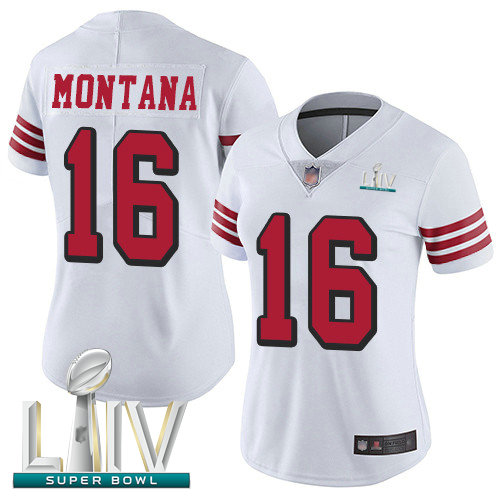 49ers #16 Joe Montana White Rush Super Bowl LIV Bound Women's Stitched Football Vapor Untouchable Limited Jersey