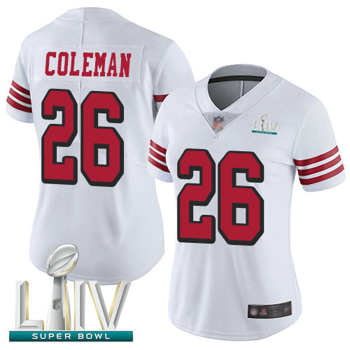 49ers #26 Tevin Coleman White Rush Super Bowl LIV Bound Women's Stitched Football Vapor Untouchable Limited Jersey