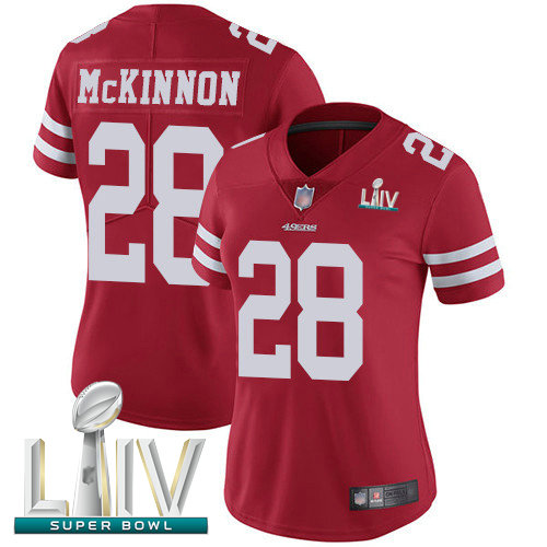 49ers #28 Jerick McKinnon Red Team Color Super Bowl LIV Bound Women's Stitched Football Vapor Untouchable Limited Jersey