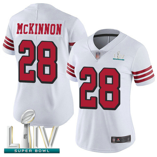 49ers #28 Jerick McKinnon White Rush Super Bowl LIV Bound Women's Stitched Football Vapor Untouchable Limited Jersey