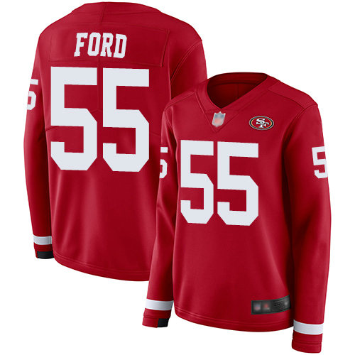 49ers #55 Dee Ford Red Team Color Women's Stitched Football Limited Therma Long Sleeve Jersey