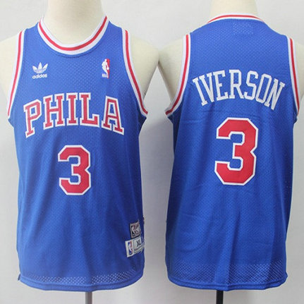 76ers #3 Allen Iverson Blue Throwback Stitched Youth NBA Jersey