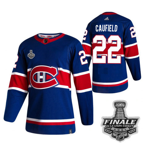 Adidas Canadiens #22 Cole Caufield Blue Road Authentic 2021 NHL Stanley Cup Final Patch Jersey