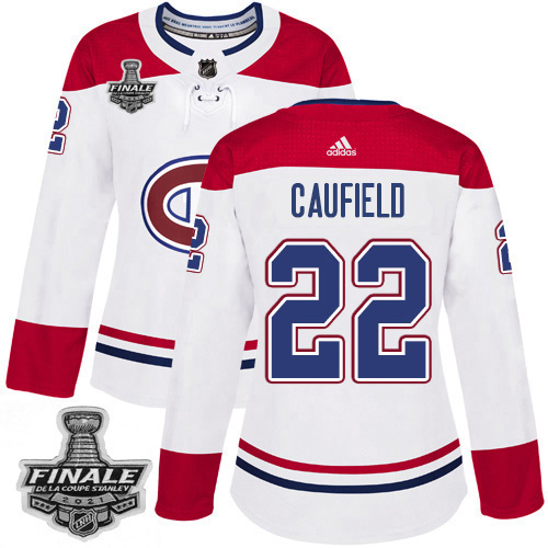 Adidas Canadiens #22 Cole Caufield White Road Authentic Women's 2021 NHL Stanley Cup Final Patch Jersey