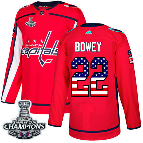 Adidas Capitals #22 Madison Bowey Red Home Authentic USA Flag Stanley Cup Final Champions Stitched NHL Jersey