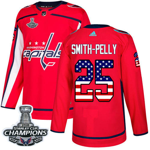 Adidas Capitals #25 Devante Smith-Pelly Red Home Authentic USA Flag Stanley Cup Final Champions Stitched NHL Jersey