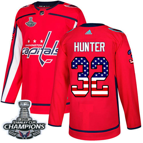Adidas Capitals #32 Dale Hunter Red Home Authentic USA Flag Stanley Cup Final Champions Stitched NHL Jersey