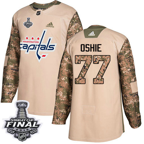 Adidas Capitals #77 T.J. Oshie Camo Authentic 2017 Veterans Day 2018 Stanley Cup Final Stitched NHL Jersey