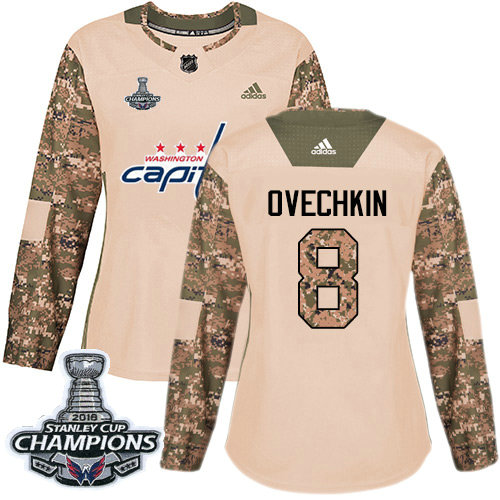 Adidas Capitals #8 Alex Ovechkin Camo Authentic 2017 Veterans Day Stanley Cup Final Champions Women's Stitched NHL Jersey