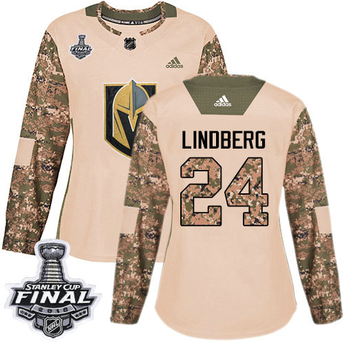 Adidas Golden Knights #24 Oscar Lindberg Camo Authentic 2017 Veterans Day 2018 Stanley Cup Final Women's Stitched NHL Jersey