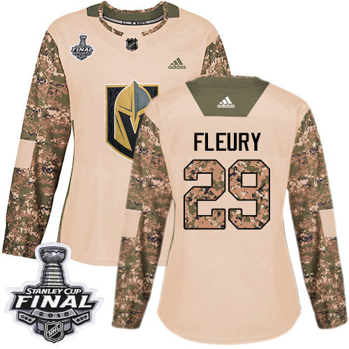 Adidas Golden Knights #29 MarcAndre Fleury Camo Authentic 2017 Veterans Day 2018 Stanley Cup Final Women's Stitched NHL Jersey