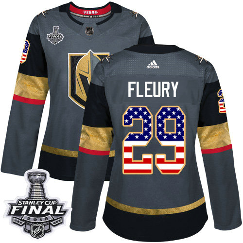 Adidas Golden Knights #29 MarcAndre Fleury Grey Home Authentic USA Flag 2018 Stanley Cup Final Women's Stitched NHL Jersey