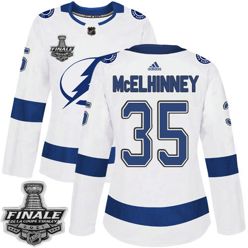 Adidas Lightning #35 Curtis McElhinney White Road Authentic Women's 2021 NHL Stanley Cup Final Patch Jersey