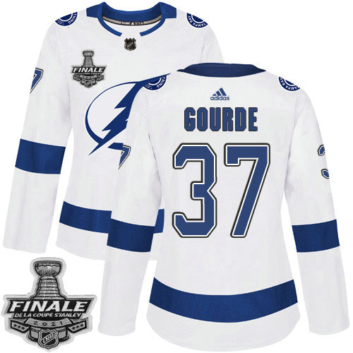 Adidas Lightning #37 Yanni Gourde White Road Authentic Women's 2021 NHL Stanley Cup Final Patch Jersey