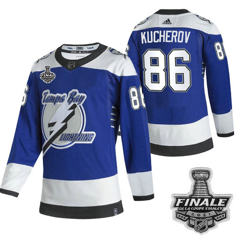 Adidas Lightning #86 Nikita Kucherov Blue Road Authentic Youth 2021 NHL Stanley Cup Final Patch Jersey