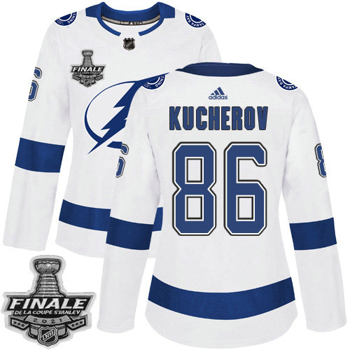 Adidas Lightning #86 Nikita Kucherov White Road Authentic Women's 2021 NHL Stanley Cup Final Patch Jersey