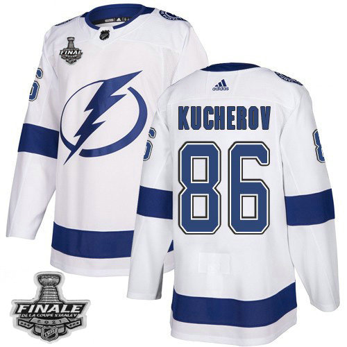 Adidas Lightning #86 Nikita Kucherov White Road Authentic Youth 2021 NHL Stanley Cup Final Patch Jersey