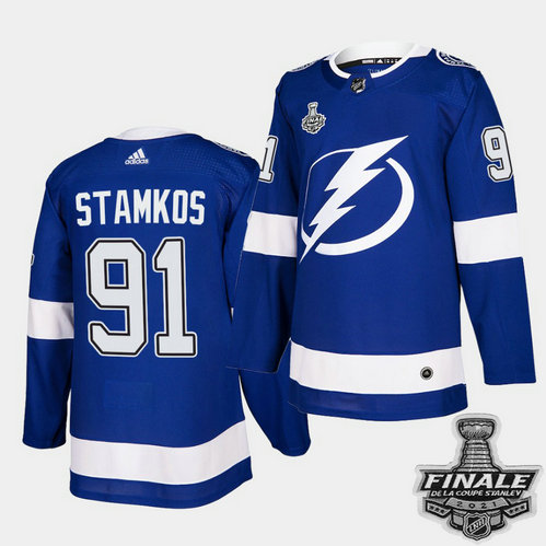 Adidas Lightning #91 Steven Stamkos Blue Home Authentic 2021 NHL Stanley Cup Final Patch Jersey