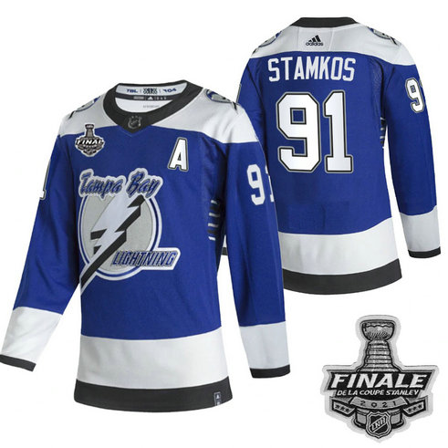Adidas Lightning #91 Steven Stamkos Blue Road Authentic 2021 NHL Stanley Cup Final Patch Jersey