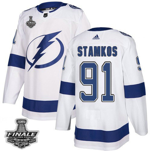 Adidas Lightning #91 Steven Stamkos White Road Authentic 2021 NHL Stanley Cup Final Patch Jersey