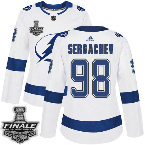 Adidas Lightning #98 Mikhail Sergachev White Road Authentic Women's 2021 NHL Stanley Cup Final Patch Jersey