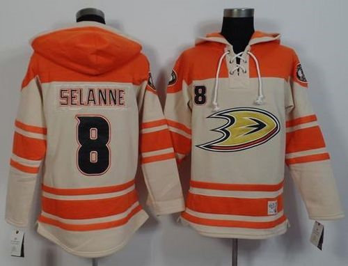 Anaheim Ducks 8 Teemu Selanne Cream Orange Sawyer Hooded Sweatshirt NHL Jersey