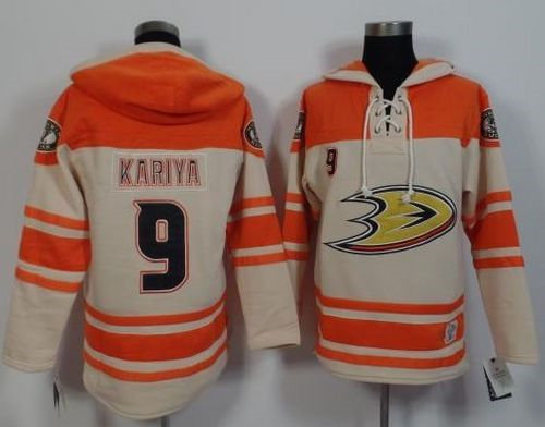 Anaheim Ducks 9 Paul Kariya Cream Orange Sawyer Hooded Sweatshirt NHL Jersey