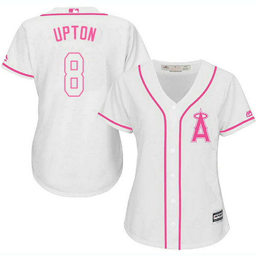 Angels #8 Justin Upton White Pink Fashion Women's Stitched MLB Jersey_1