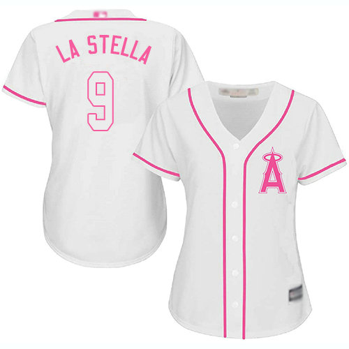 Angels #9 Tommy La Stella White Pink Fashion Women's Stitched Baseball Jersey