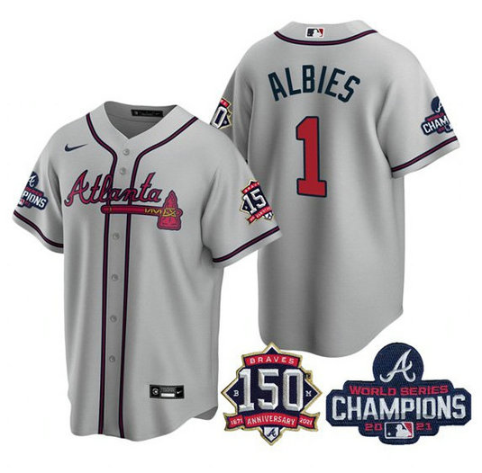 Atlanta Braves #1 Ozzie Albies 2021 Grey World Series Champions With 150th Anniversary Patch Cool Base Stitched Jersey