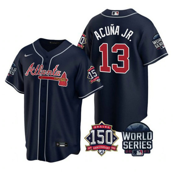 Atlanta Braves #13 Ronald Acuna Jr 2021 Navy World Series Champions With 150th Anniversary Patch Cool Base Stitched Jersey
