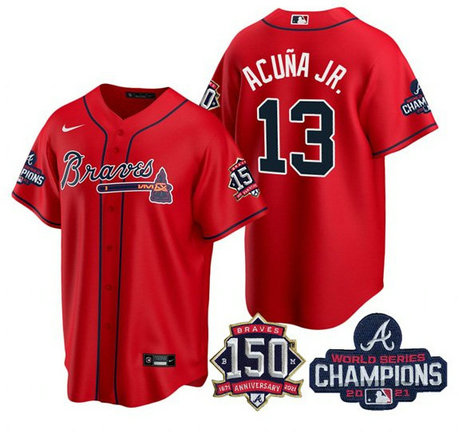 Atlanta Braves #13 Ronald Acuna Jr 2021 Red World Series Champions With 150th Anniversary Patch Cool Base Stitched Jersey