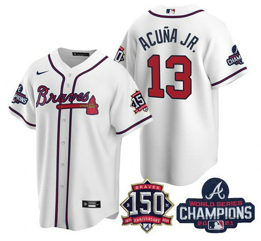 Atlanta Braves #13 Ronald Acuna Jr 2021 White World Series Champions With 150th Anniversary Patch Cool Base Stitched Jersey